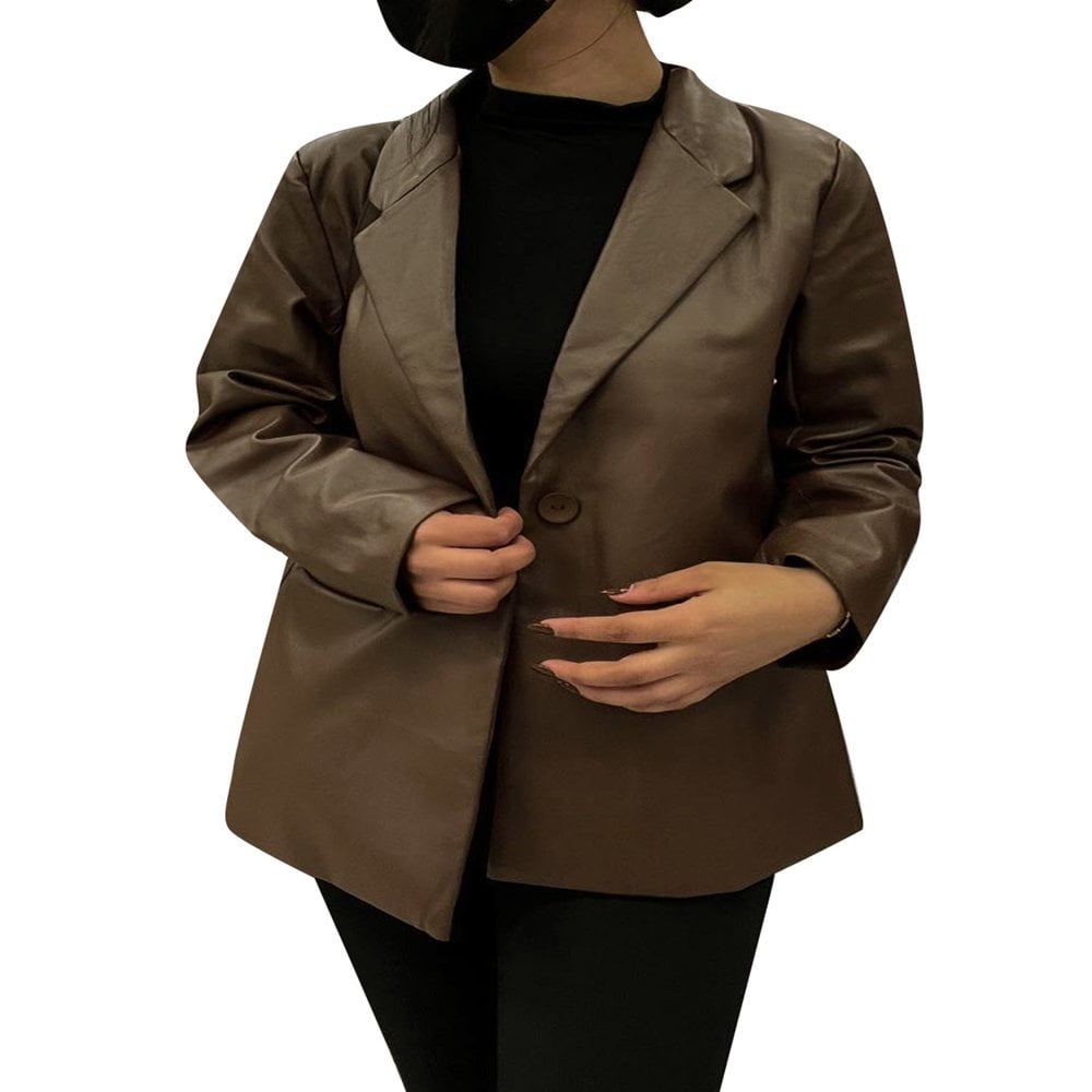 Women Solid Long Vegan Leather Jacket Cool Buttons Faux Leather PU Blazer Coat Walmart