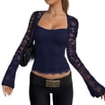 thumbnail image 2 of ClodeEU Women's Square Neck Long Sleeve Top with Lace Cutout Patchwork ,Casual Blouse for Summer Dark Blue,Womens Plus XS, 2 of 8
