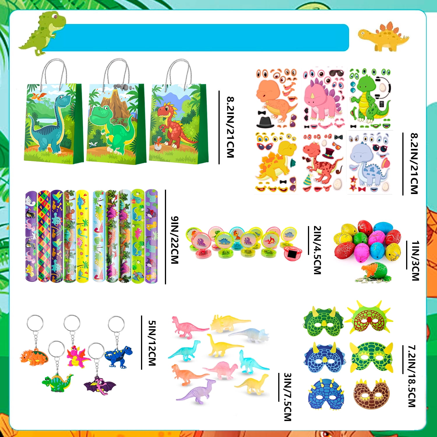 Dinosaur Party Favors for Kids, 96pcs All-in-One Dinosaur Birthday Party Favors Set - Dino Party Favor Bags Keychains Stampers Stickers Toys Clap Bracelets etc Dinosaur Birthday Party Supplies