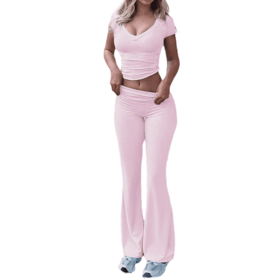LYMAYTER Women's Casual Sets V-Neck Short Sleeve Top Foldover Flare Pants 2-Piece Outfit S-XL