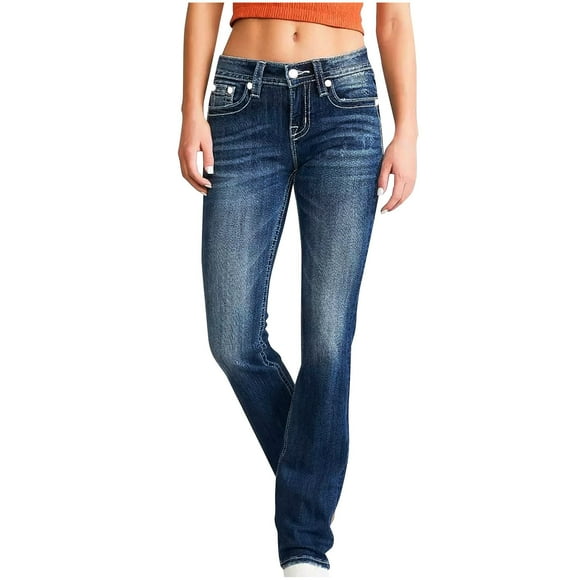 Maplenight Women's Straight Leg Denim Pants Solid Color Pocket Low Rise Zip Access Buttons Slim Skinny Stretchy Jeans Trousers 2025 on Clearance