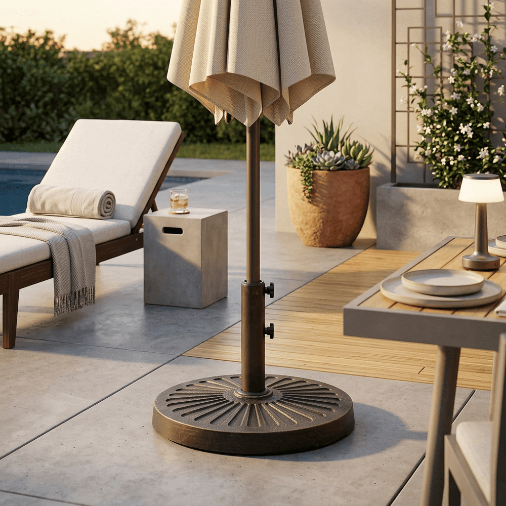 EDX Patio Market Umbrella Base, 30lbs Heavy Duty Round Outdoor Stand, resin base and iron stand with Petal Pattern, Bronze-colored