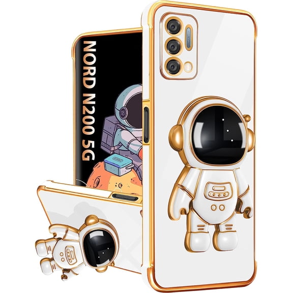 For OnePlus Nord N200 5G Case with Astronaut Stand, Women Girls Nord N200 5G Cases, Girly Cute 6D Outer Space Heart Pattern Phone Cover for OnePlus Nord N200 5G 6.49 Inch White