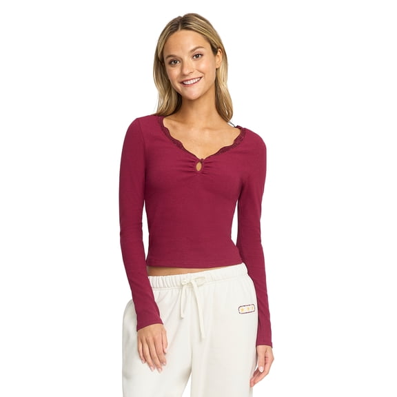 Mills by Millie Bobby Brown Women's Cut and Sew Henley Long Sleeve Top, Sizes XXS-XXXL