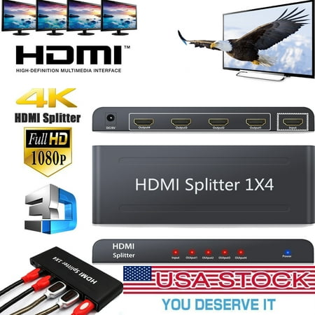 ESYNIC HDMI Splitter,1X4 HDMI Splitter Hub 1 Input 4 Output 4 Port HDMI Signal Distributor Adapter Box 3D HD 1080P HDMI Video Splitter w/ USB Power Cable for HDTV PC Projector Laptop SKY Box PS3