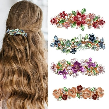 4 Pieces Large Vintage Flower Hair Barrettes for Women Spring Flora Rhinestone Hair Clips for Thick Thin Hair Decorative Hair Clip Colorful Retro Rhinestone Hair Clip Metal French Hair Clip