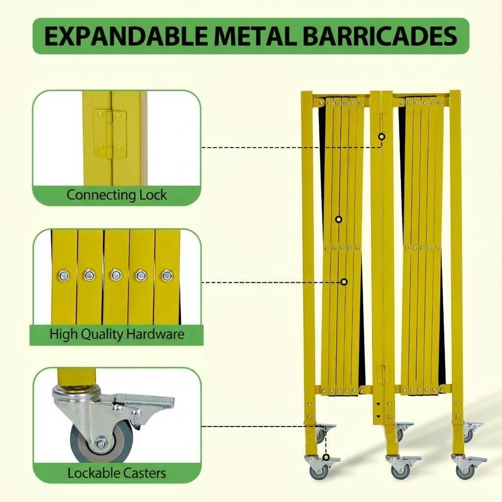 Expandable Metal Safety Barricade Gate – 20 FT, Portable Retractable with Wheels, Yellow & Black for Construction, Parking, Crowd Control