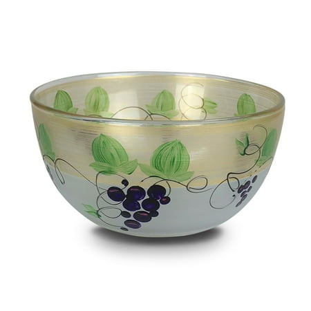 Set of 2 White Grapes and Vines Hand Painted Glass Serving Bowls 6"