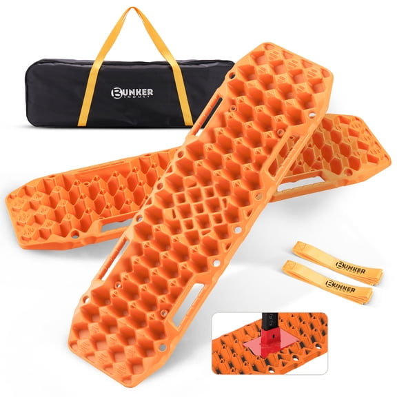 BUNKER INDUST Off-Road Traction Boards with Jack Base, 1 Pair Recovery Tracks Mat for 4X4 Jeep Truck Tire Traction-Sand,Mud, Snow Ladder Ramps (Orange)