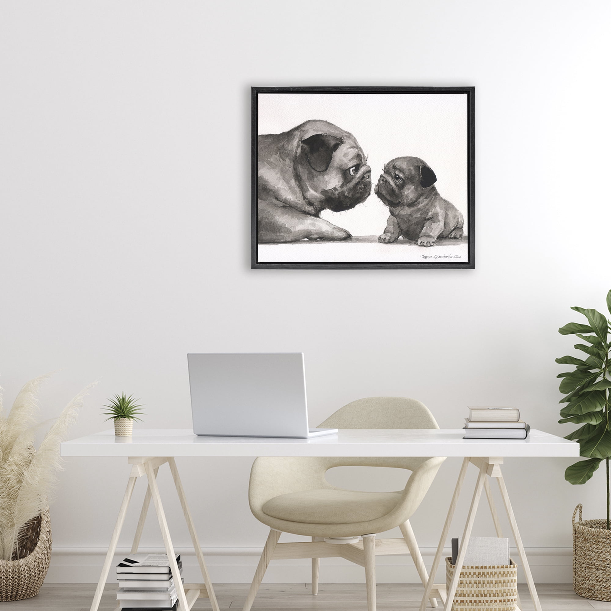 Stupell Industries Pug And Her Puppy Black Framed Floater Canvas Wall Art, design by George Dyachenko
