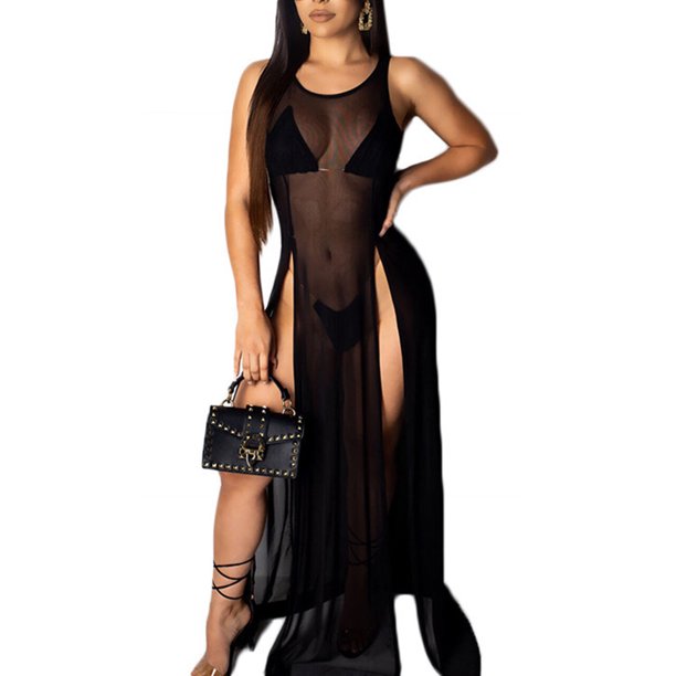 Gwiyeopda Women Sheer Mesh See Through Sexy High Split Bikini Swimsuit Cover Up Beach Long Dress