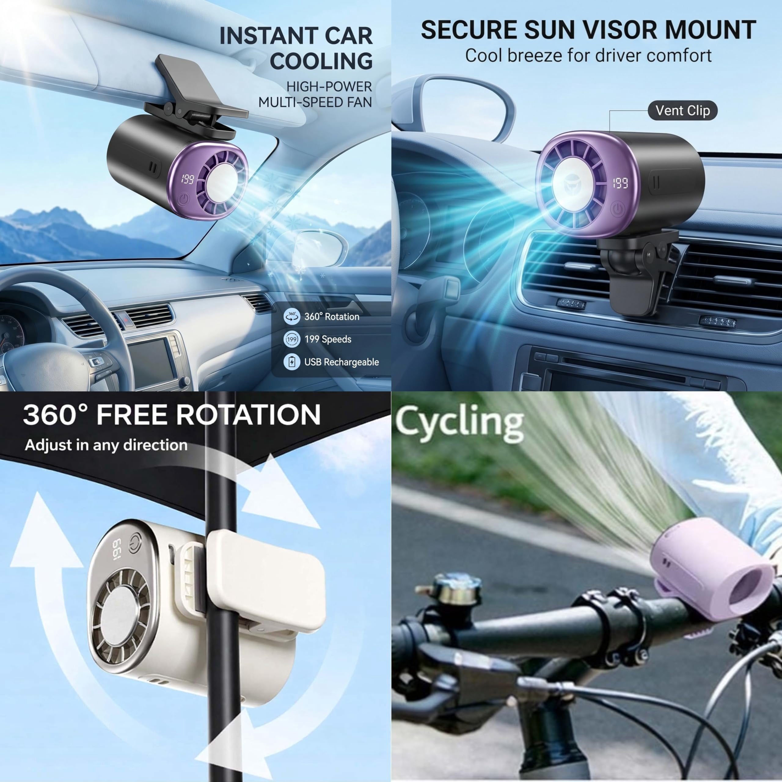 2026 Upgraded Car Clip-On Fan with LED Display, 360° Rotatable Multi-Speed Portable Cooling Fan for Vehicle & Tent