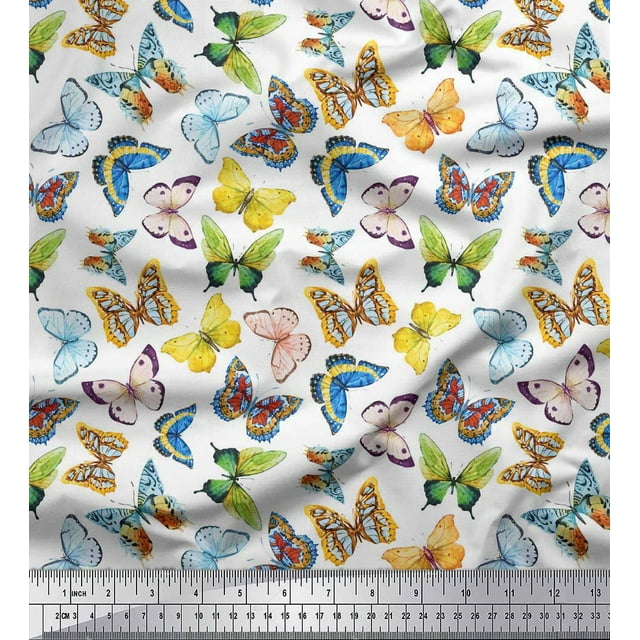 Soimoi Tissu en Coton Blanc Canard Imprimé Papillon Coloré au Mètre 56 Pouces de Large