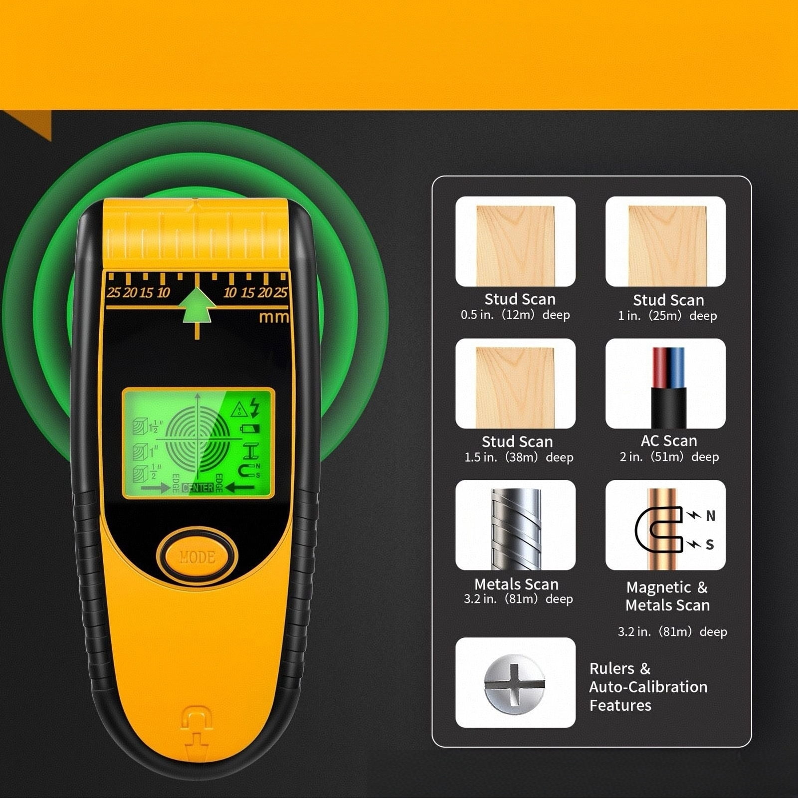 Stud Finder Wall Scanner, 5 in 1 Stud Detector with Magnet Physical Nail Finding Function Wall Detector for Wood Metal and AC Wire Detection LCD Display and Audio Alarm