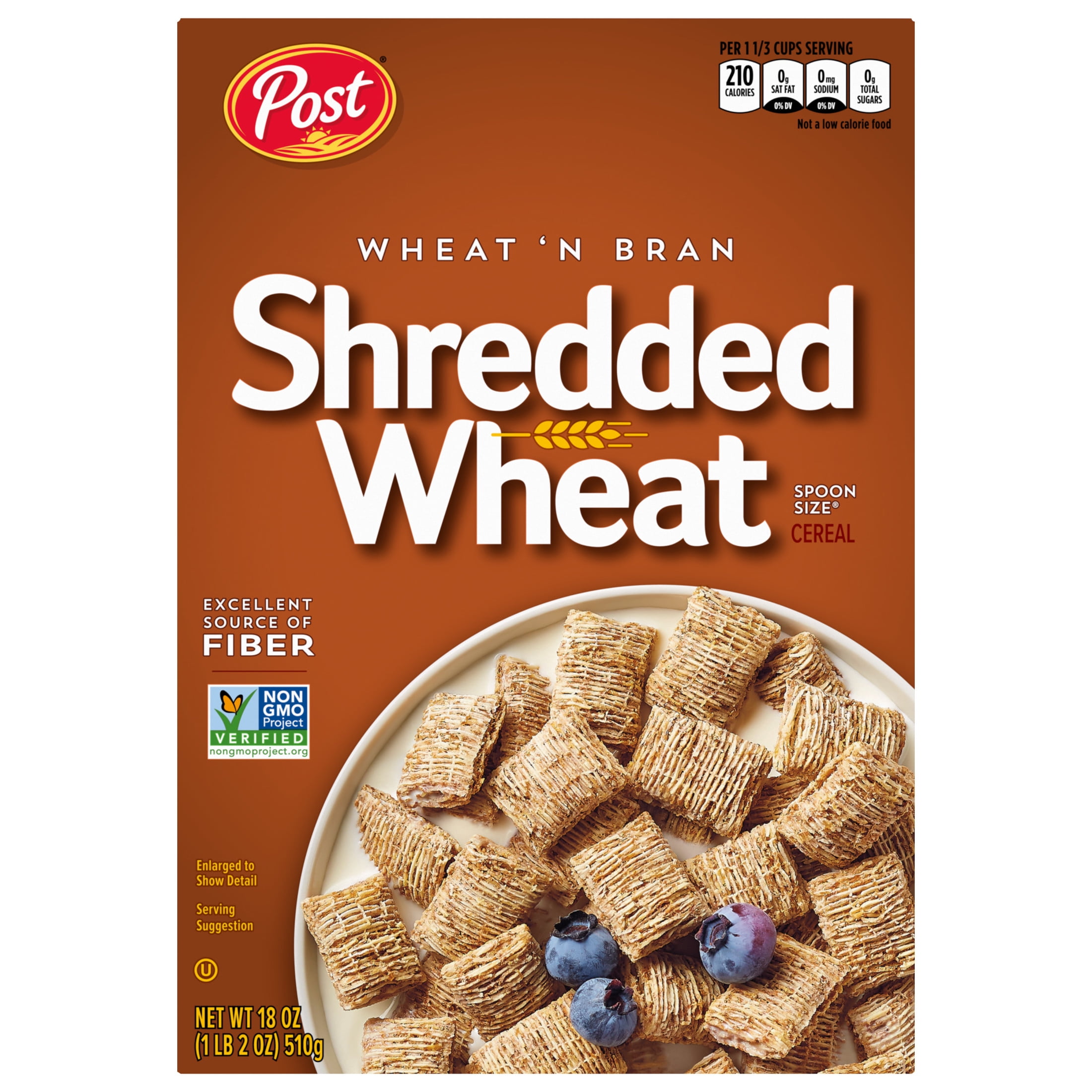 (8 pack) Post Wheat n Bran Shredded Wheat, High Fiber Breakfast Cereal, Certified Kosher, Crunchy 18 oz Box