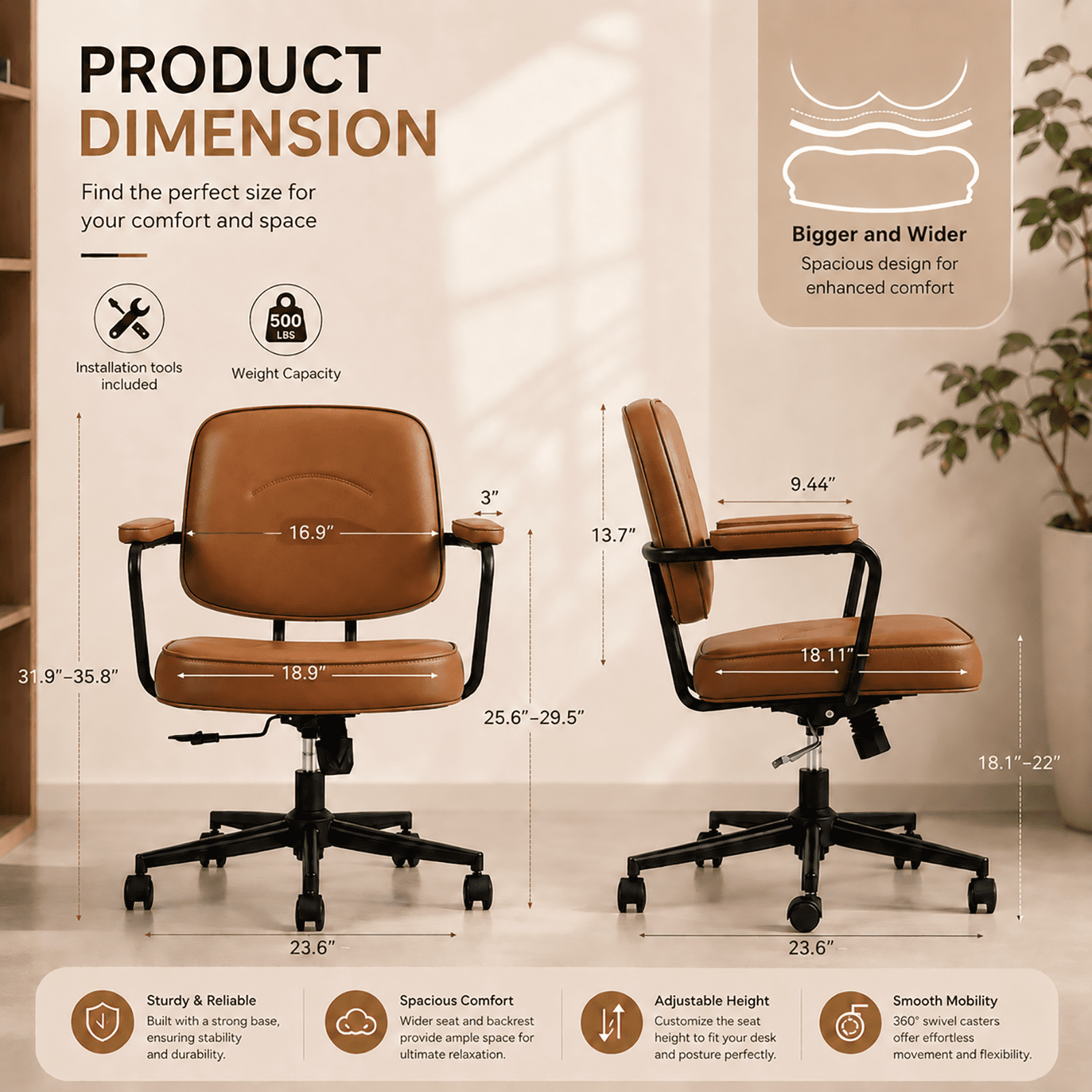 Ergonomic Office Chair, PU Leather Executive Desk Chair with Fixed Armrests, Adjustable Height, Rocking Function, 360° Swivel Rolling Wheels Brown