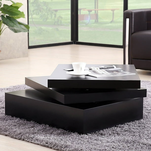 Uenjoy Black Square Coffee Table Rotating Contemporary Modern Living ...