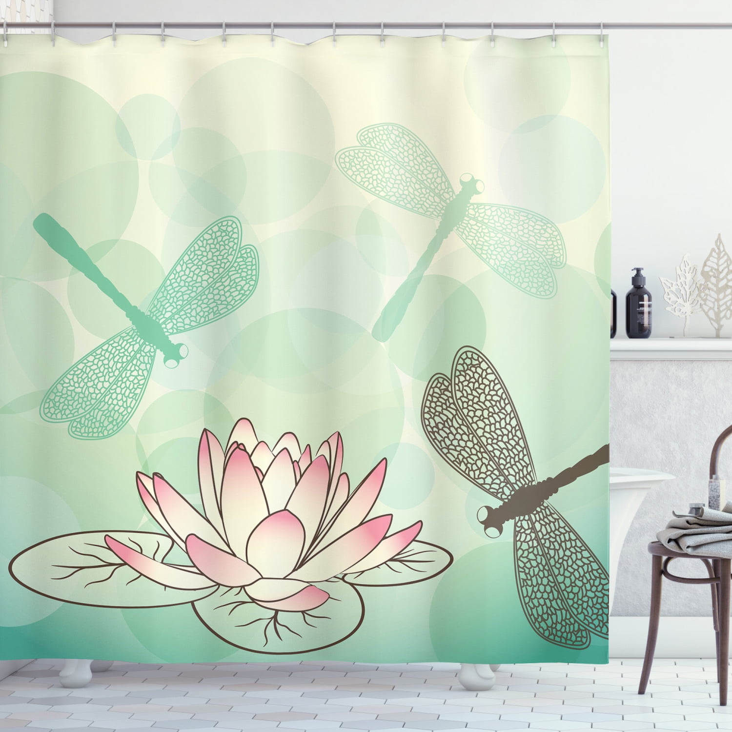 Lotus Flower Shower Curtain, Exotic Blossom with Pinkish Petals Water