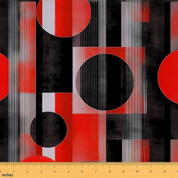 Manfei Geometric Circle Lines Fabric by the Yard (1 Yard), Contemporary Abstract Decorative Fabric by the Yard, Red Black Aesthetic Sewing & Crafting Fabric, Luxurious Bedroom Decorative