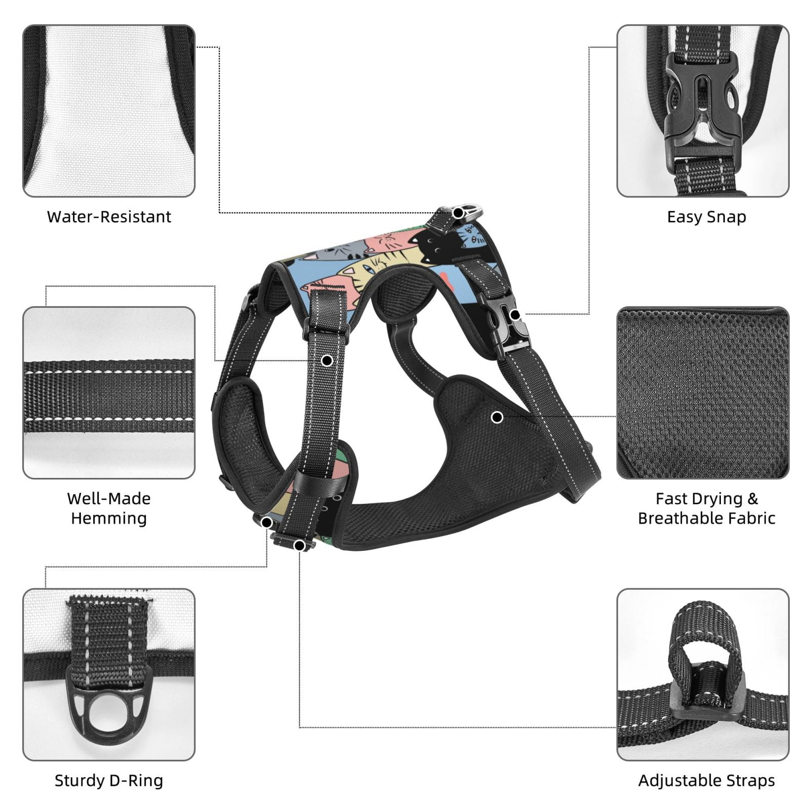 Vsdgher Different Cats Pattern Dog Harness,No Pull Pet Harness with Soft Padded Handle,Adjustable Reflective Vest with 2 Buckles,4 Slide Buckles,S-XL