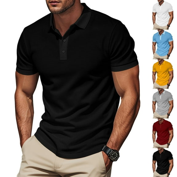 WRKEKC Mens Turn-Down Collared Shirts Solid Color Button-Front V-Neck Waffle Knit Collared Short Sleeve Top for Men Casual Office Wear and Summer Gatherings