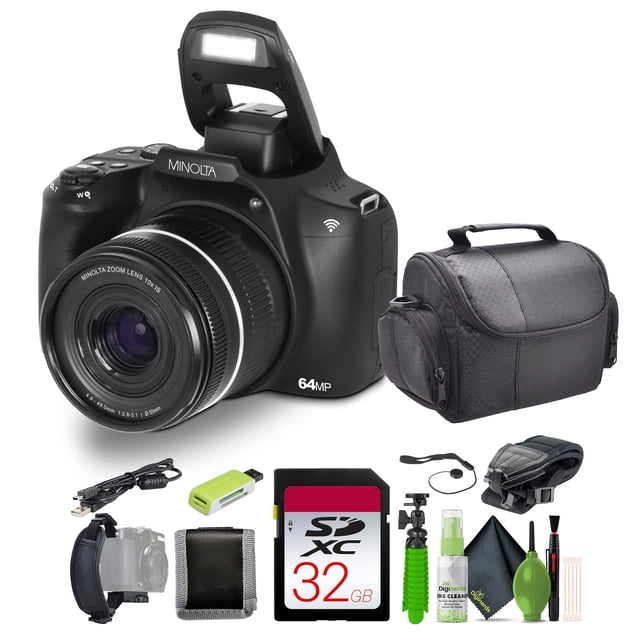 Minolta 64 Mega Pixels Auto Focus Digital Camera with 10x Optical Zoom, 4K Ultra HD Video and Macro Shooting, Bundle With 32 GB Memory Card + Vlogging Tripod + Cleaning kit + More Accessories - Black