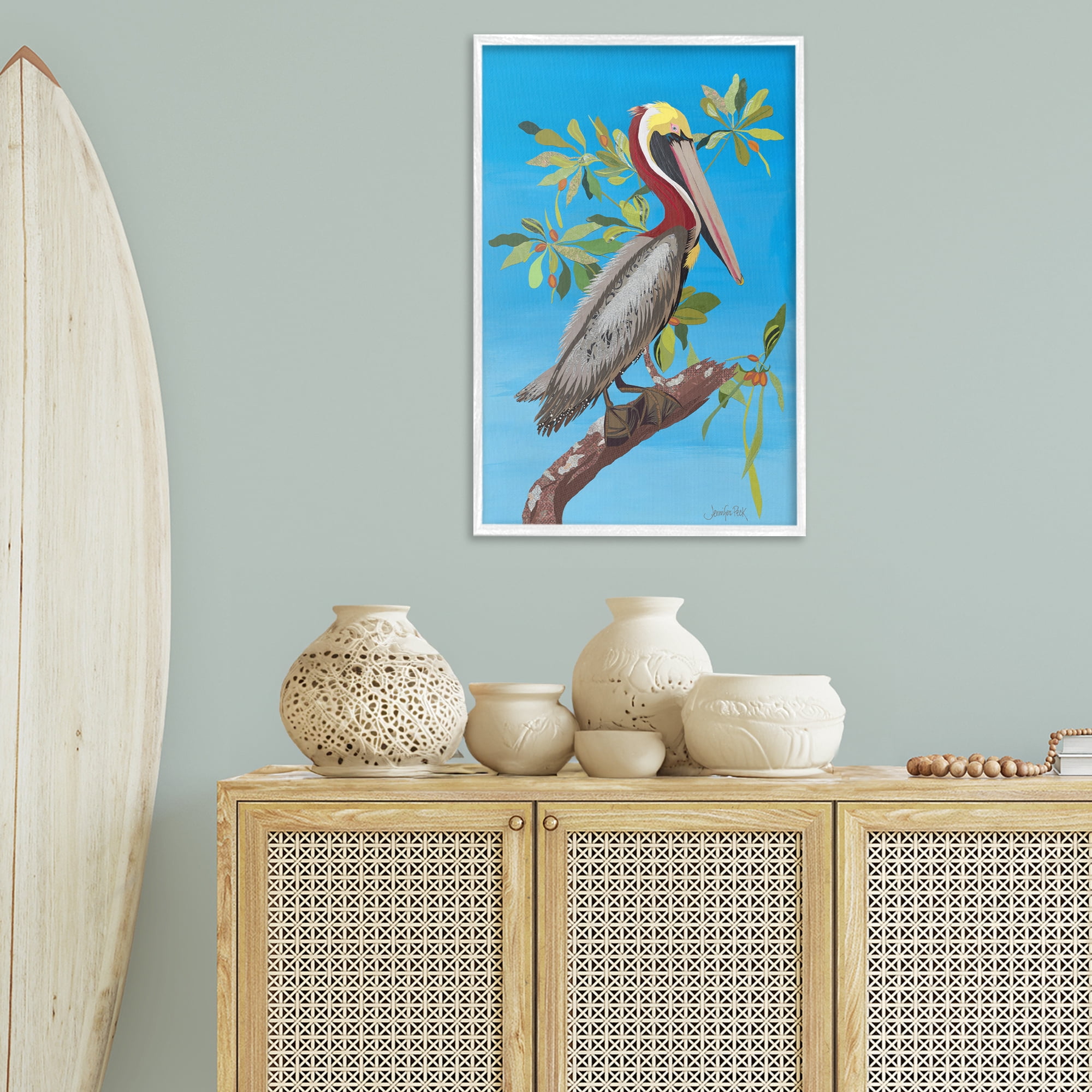 Stupell Industries Brown Pelican on Tree Animals & Insects Painting White Framed Art Print Wall Art, 20 x 30