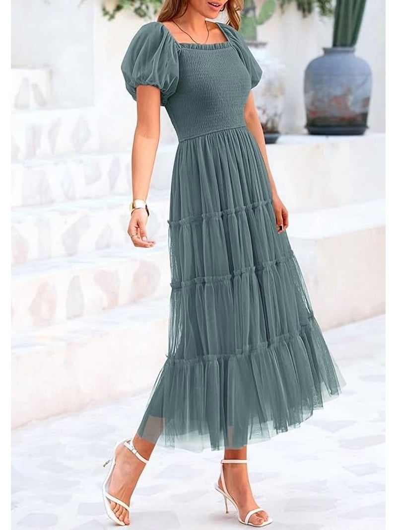 knee length dresses for ladies Midi Elegant Floral Applique Gown with Voluminous Skirt – Spring/Summer  Party Dress for Garden Parties, Weddings & Outdoor Events