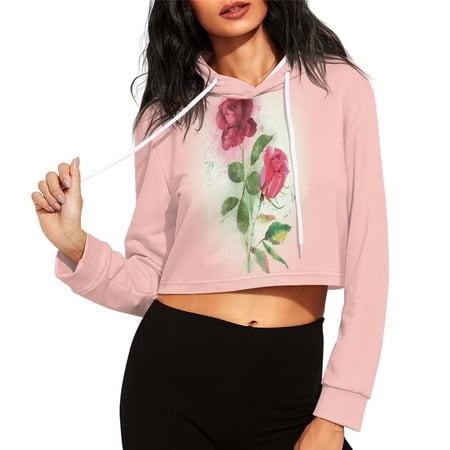 Renewold Red Roses Personalized Cropped Hoodie Sweaters for Birthday Gifts Pink Crewneck Sweatshirt Sport Outfits Fall Clothing Pullover for Women Size 2XL