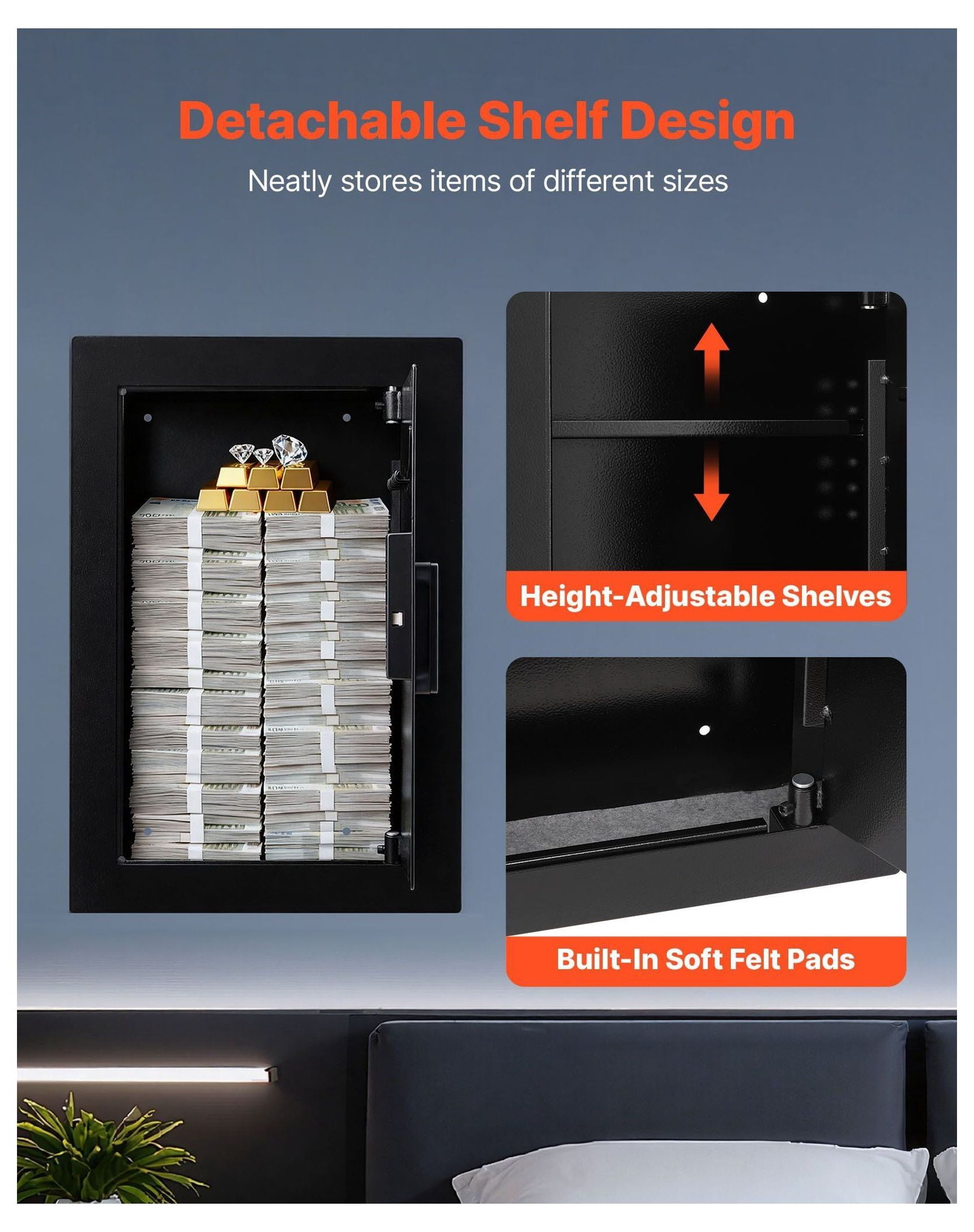 Wall Safe, Hidden In-Wall Safe with Fingerprint, Password & Key - 3-Tier Steel Security Box for Money, Jewelry, Passport - Adjustable Shelf & Key Holders