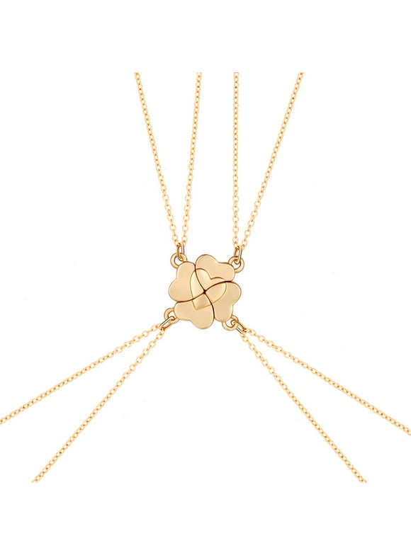 AOOOWER 4 Piece Four Leaf Clover Stitching Necklace Magnet Stone BFF Friendship Heart Pendant Chain Choker Necklace Jewelry