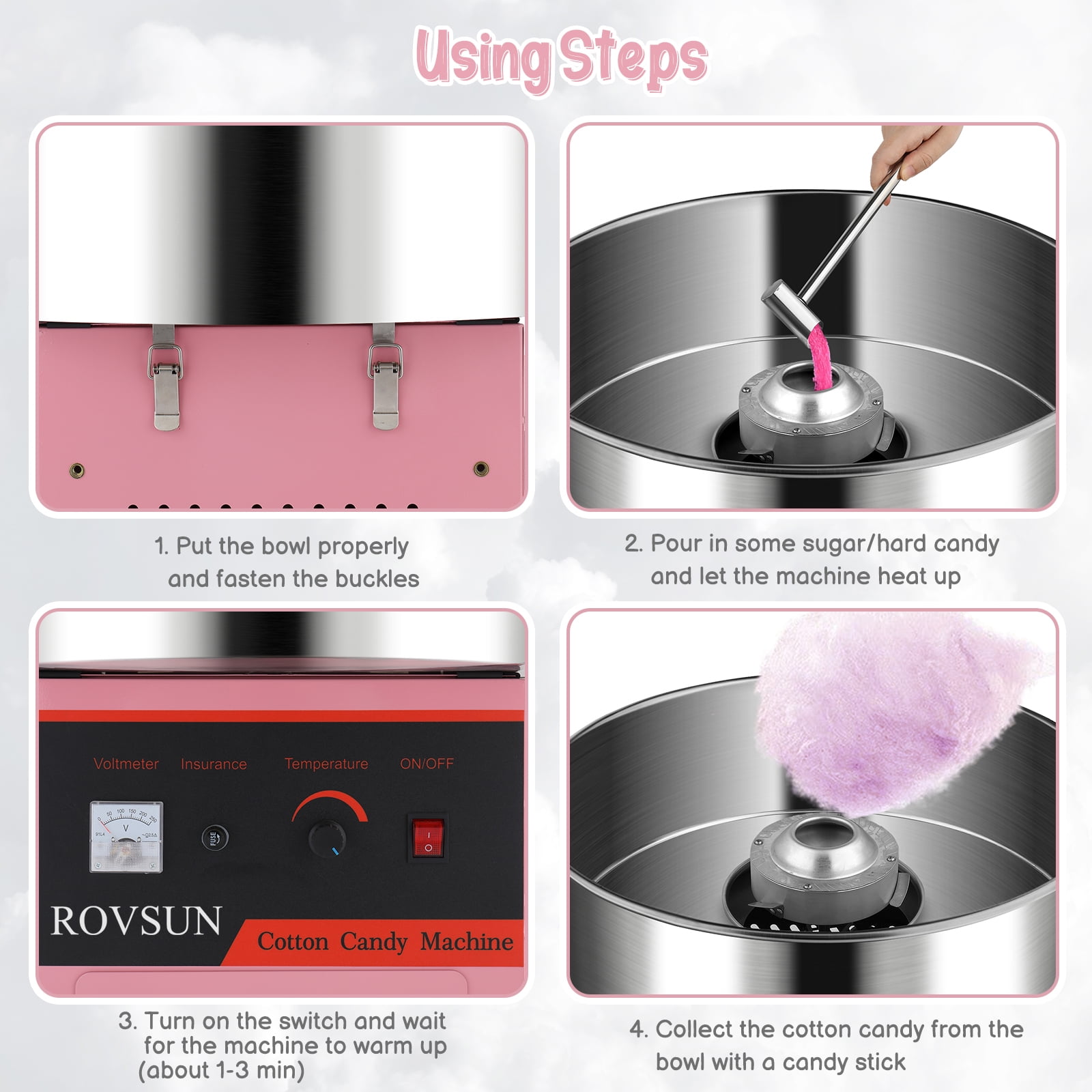 ROVSUN Cotton Candy Machine Maker 21 Inch Stainless Steel Bowl, Electric Candy Floss Maker Machine w/Sugar Scoop and Large Storage Drawer for Commercial Home Party Carnival, Pink