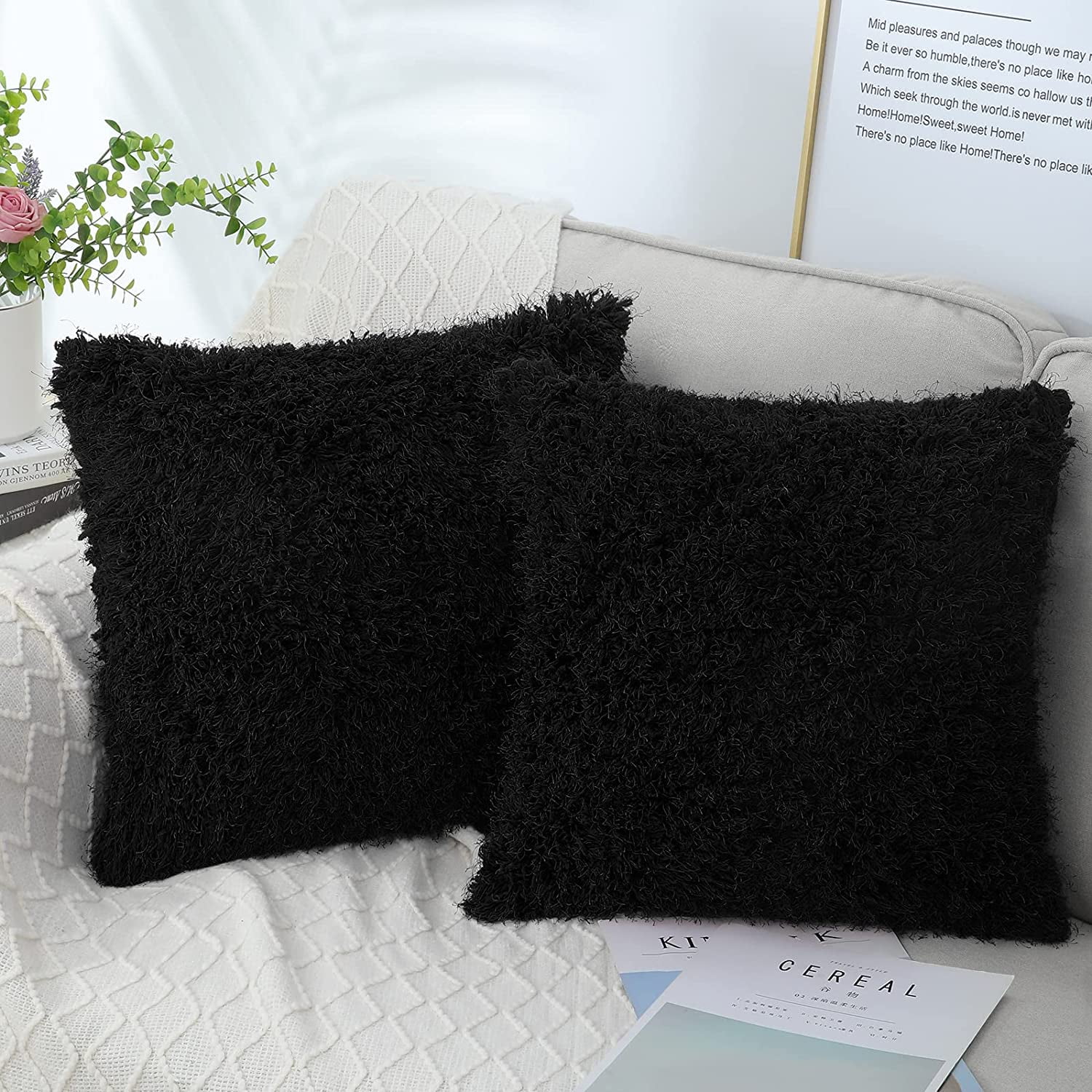 Black fluffy pillow case hotsell