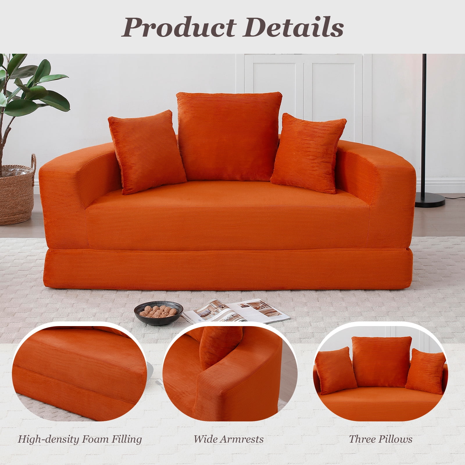 MOONMISS Convertible Sofa Couch Bed,Multi-Functional,Circular Bed,Adjustable Futon Sofa For Apartment Office Bedroom Living Room,Orange