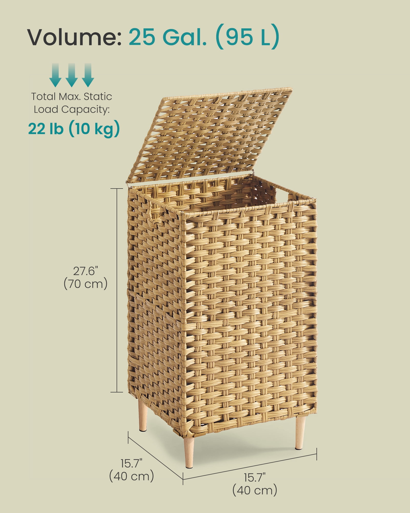 SONGMICS Laundry Hamper with Lid, PE Rattan,with Removable Liner, Storage Basket for Bedroom Living Room, 25 Gallons (95 L), Goose Yellow