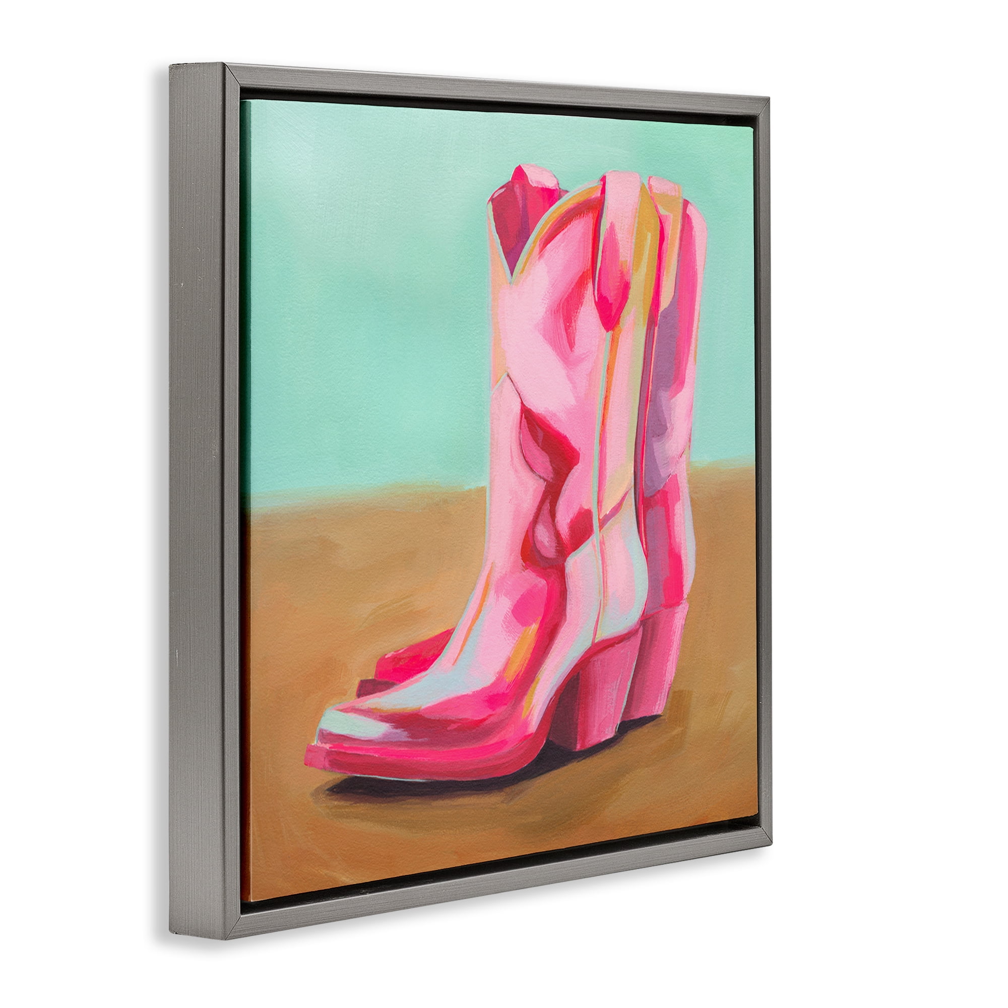 Stupell Industries Pink Heeled Cowgirl Boots Entertainment Painting Gray Floater Framed Canvas Art Print Wall Art, 25 x 25