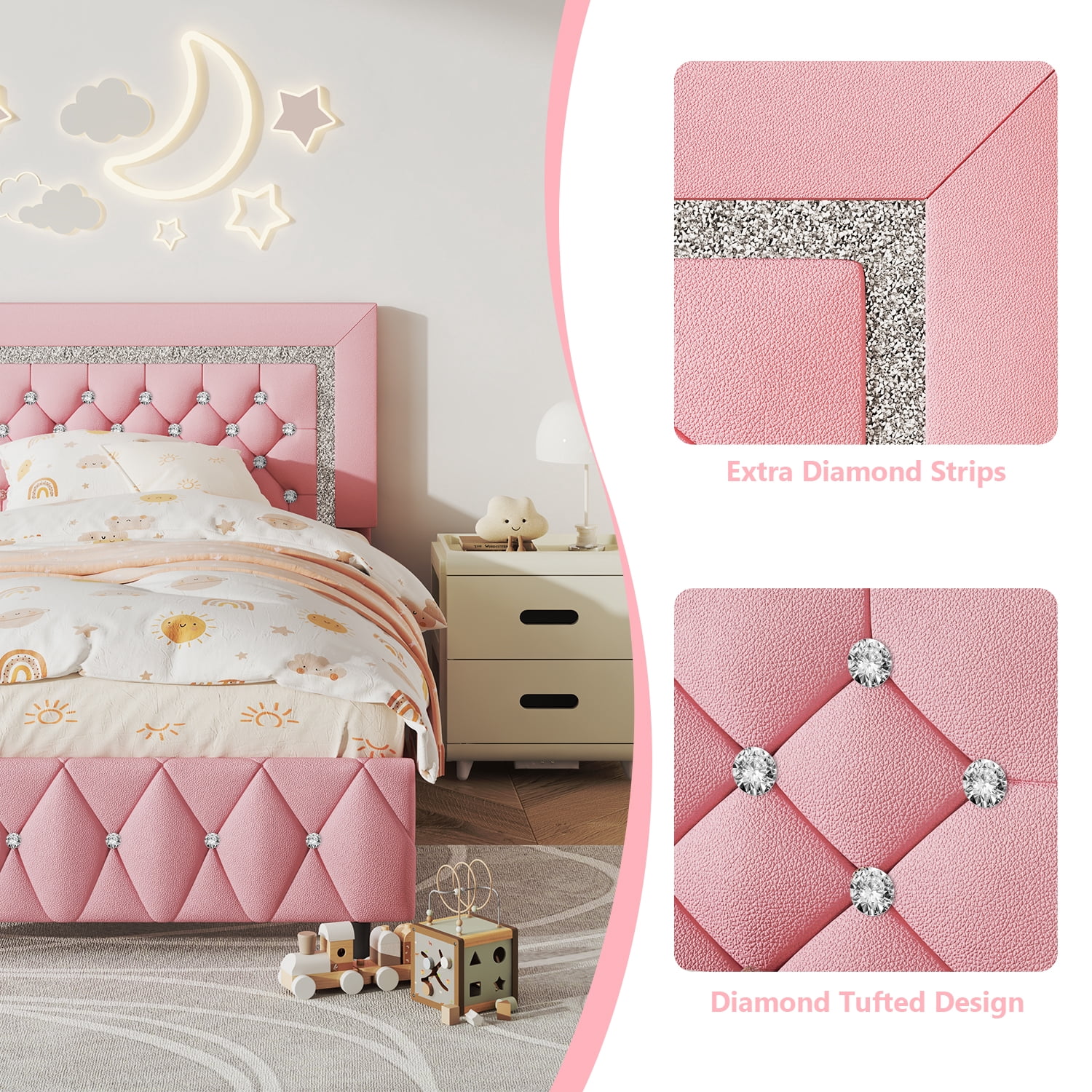 4 EVER WINNER Twin Bed Frame, Upholstered Platform Bed Frame with Headboard and Footboard, Twin Size Bed Frame, Diamond Headboard and Footboard Design, Pink