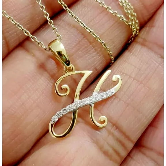 1Ct Round Cut Real Moissanite Initial Letter ''H' Pendant 14K Yellow Gold Plated Silver