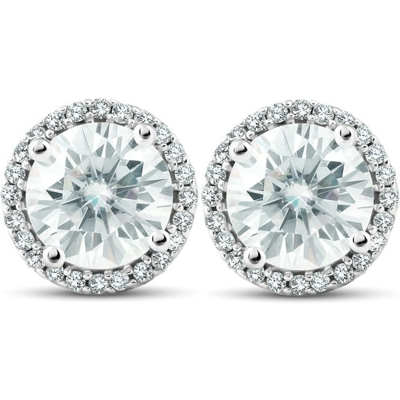 Pompeii 2 1/5 Ct Diamond Halo Moissanite Studs 10k White Gold (H,VS)