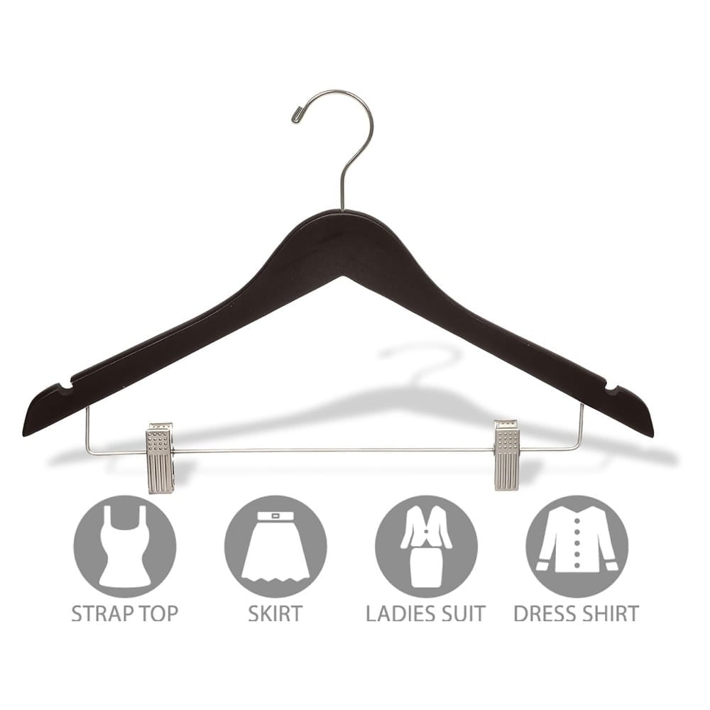 Wood Combo Hanger w/ Cushion Clips, Box of 25, 17 Inch Flat Wooden Hangers w/ Espresso Finish & Brushed Chrome Hardware & Notches for Shirt Jacket or Dress