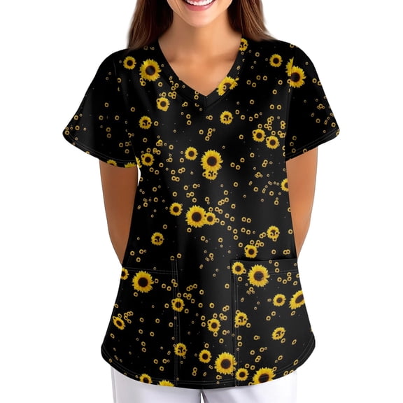 Women's V-Neck Floral Print Scrubs Top Lightweight Medical Uniform Tops with Pockets Comfortable Nursing Short Sleeve Tunic Loose Blouse Work Shirts