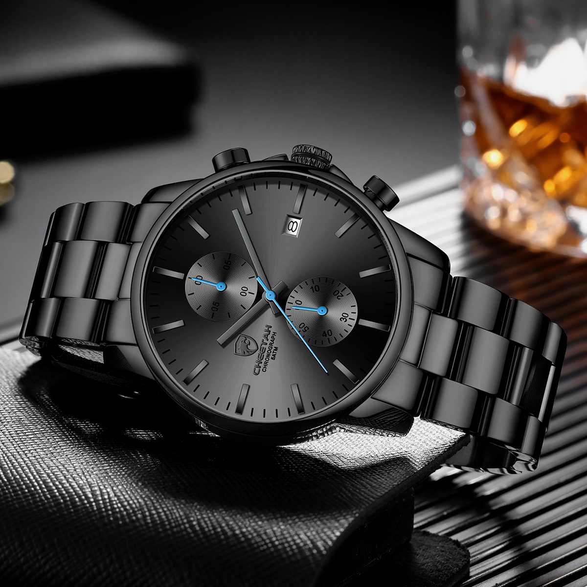 CHEETAH Fashion Business Mens Watches with Stainless Steel Waterproof Chronograph Quartz Watch for Men,Auto Date,Black&Blue