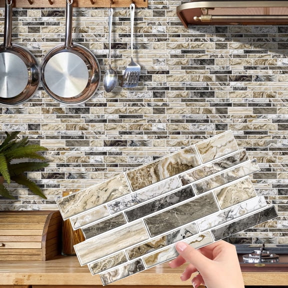 12 Pcs Peel and Stick Waterproof Tiles Stickers 4.72" x 9.68" Beige and Gray Marbling Wall Decals DIY Decor Kitchen Backsplash