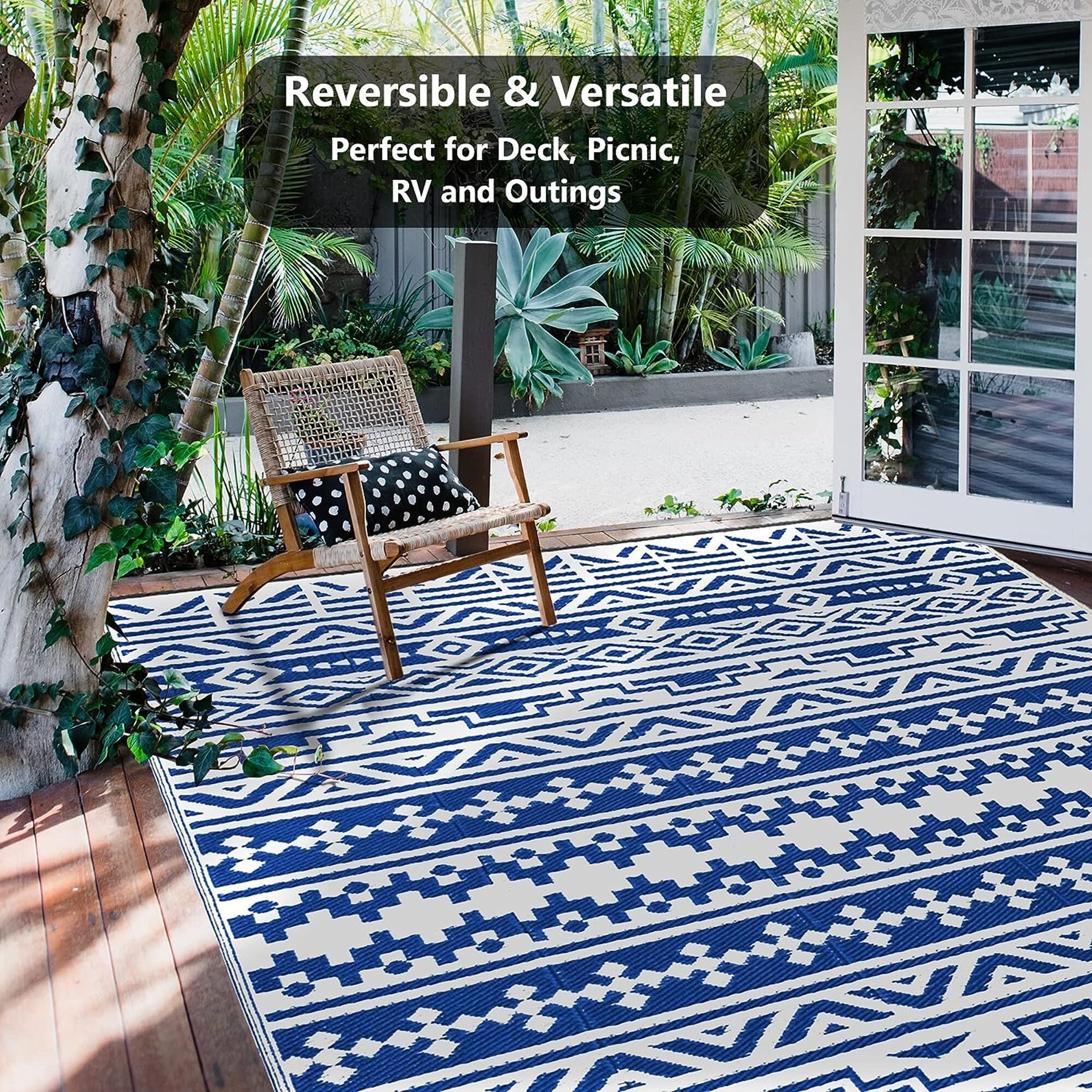 Outdoor Rugs 6'x9' on Sale Clearance Plastic Straw Waterproof Reversible Patio Rugs Geometric Lightweight Carpets for RV Camping Deck Balcony Beach Picnic Porch, Blue White