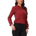 thumbnail image 4 of INSPIRE CHIC Women's Ruffled Trim Button Down Stand Collar Long Sleeve Blouse Top L Dark Red, 4 of 6