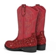 thumbnail image 4 of Dazzher Girls Red Glitter Cowgirl Boots Western Round Toe Mid Calf Side Zipper Boots for Toddler Little Big Kid, 4 of 5