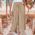 thumbnail image 2 of vigerkar Women's Plus Size Wide Leg Pants Summer Stretchy Drawstring Waist Comfortable Fit Casual Capri Pants with Pockets Khaki, XL, 2 of 7