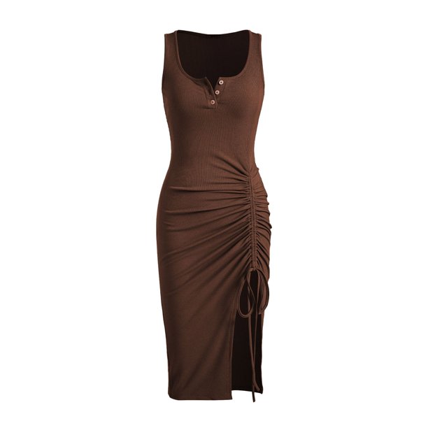 Gibobby Vestido sexy para mujer verano casual cuello redondo botón roscado vestido ajustado inferior cordón vestido(Café,G)