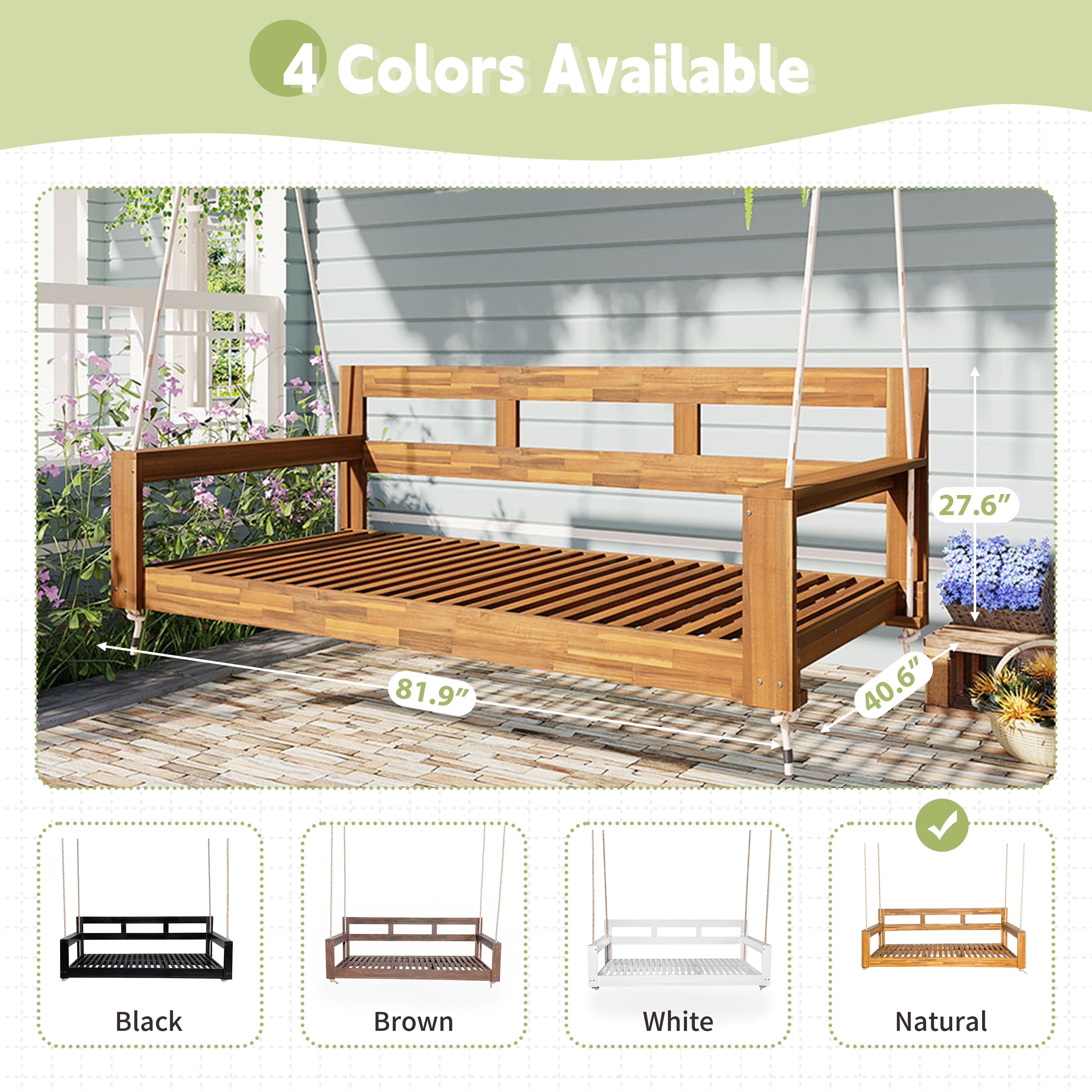 Euroco Acacia Wood Farmhouse Swing Bed with Hemp Rope Suspension, 350lbs Capacity, Twin Size, Easy Assembly, Cushions Not Included