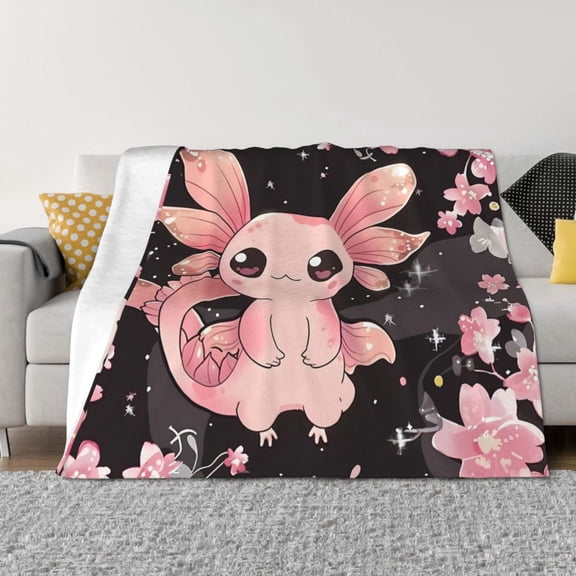 Goofa Cute Axolotl Sakura Blossoms B Pattern Fleece Throw Blanket for Couch, Soft Checkered Flannel Blanket for Sofa, Warm Cozy Decorative Blanket Fall Decor Gift-40"x30"